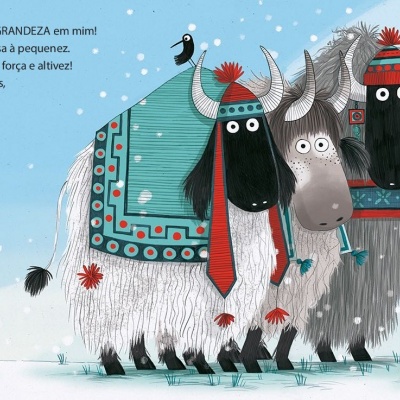 Desenho de seis iaques com acessórios vermelhos e pretos na neve, texto em português ao lado.