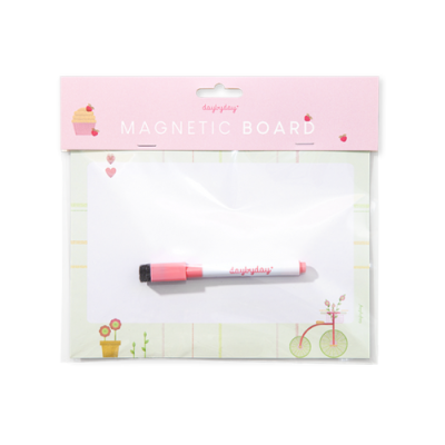 Prancha magnética branca com caneta rosa e branca em embalagem decorada