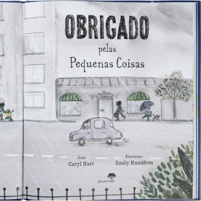 Capa de livro infantil 'OBRIGADO pelas Pequenas Coisas' com ilustração de cidade em tons cinza e verde
