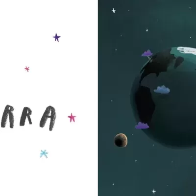Texto '1 TERRA' com estrelas coloridas ao redor e ilustração estilizada do planeta Terra com nuvens e estrelas