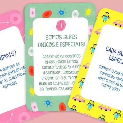 Cartas educativas coloridas com textos em português e ilustrações de padrões e personagens