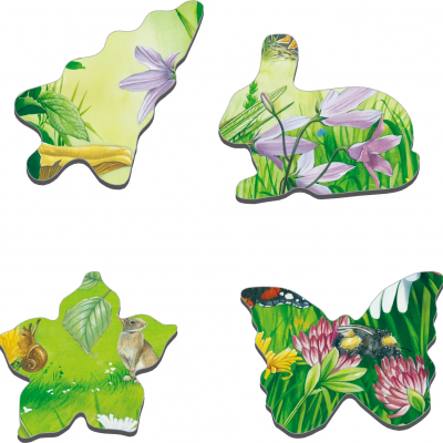 Peças de puzzle com ilustrações de flores, animais e vegetação