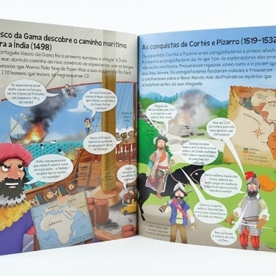 Livro aberto ilustrado sobre Vasco da Gama e conquistas históricas com textos em português