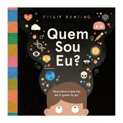 Capa do livro 'Quem Sou Eu?' com ilustrações coloridas sobre fundo preto e título em destaque