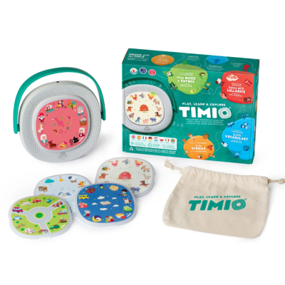 Dispositivo educativo TIMIO com cinco discos temáticos, caixa verde e saco de tecido beige