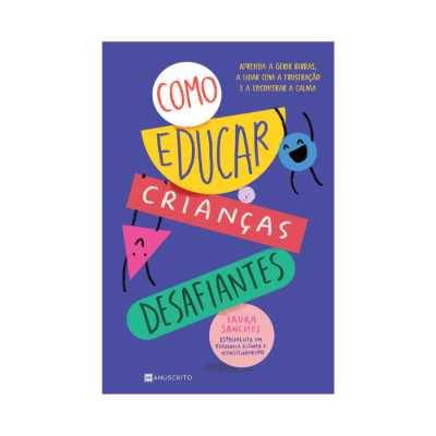 Capa de livro com título Como Educar Crianças Desafiantes em letras coloridas sobre fundo roxo