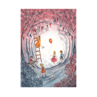 Ilustração de crianças e árvores cor de rosa em floresta com balão e escada
