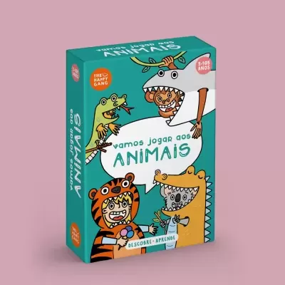 Embalagem de jogo de mesa 'vamos jogar aos ANIMAIS' da THE HAPPY GANG com ilustrações coloridas de crianças vestidas de animais.