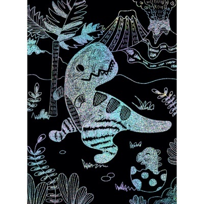 Desenho colorido de dinossauro e elementos da natureza num fundo preto