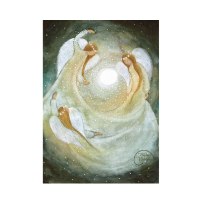 Ilustração de três anjos com luz central e fundo esbatido