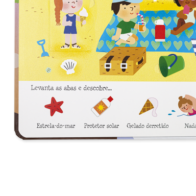 Ilustração de crianças na praia com objetos e texto em português