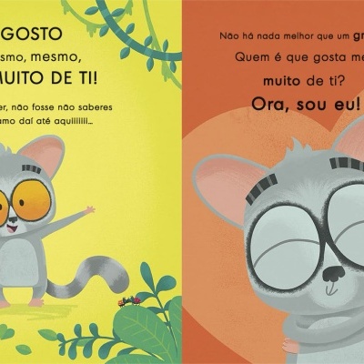 Ilustração de um rato e um gato com óculos em páginas coloridas com texto em português.
