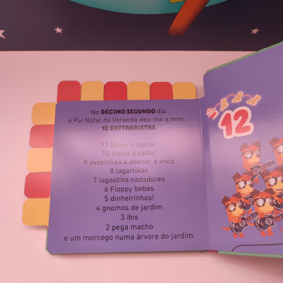 Página de livro infantil com texto em português e ilustrações coloridas de gnomos e morcego.