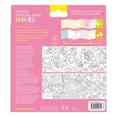 Embalagem de livros para colorir com tema fadas, cor-de-rosa e amarelo, texto em inglês, imagens para colorir e código de barras