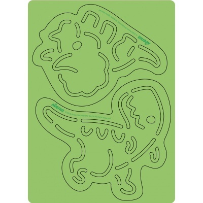 Moldes plásticos transparentes com desenhos em relevo de passarinho e rosto sobre fundo verde