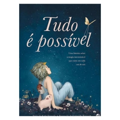 Capa de livro azul com título 'Tudo é possível' e ilustração de criança com porco e borboleta