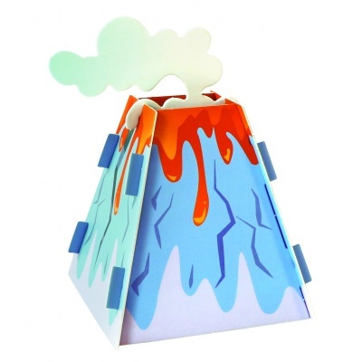 Caixa de papel em forma de vulcão com lava laranja e fumo branco no topo.