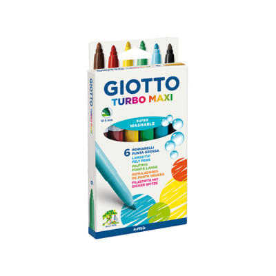 Conjunto de 6 marcadores Giotto Turbo Maxi em caixa branca com texto colorido.