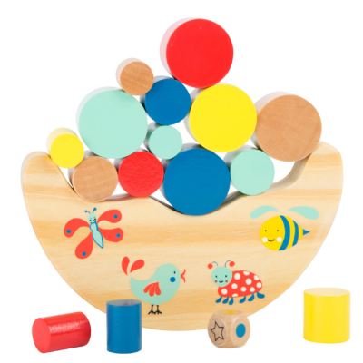 Brinquedo de equilíbrio em madeira com blocos coloridos e desenhos de animais
