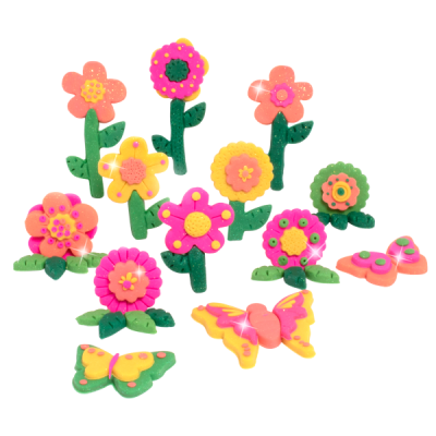 Flores e borboletas coloridas de material macio com textura e brilho