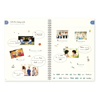 Página dupla de livro de exercícios de inglês para crianças com tarefas para preencher palavras faltantes ao lado de imagens de crianças e símbolos coloridos.