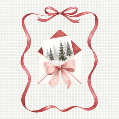 Envelope branco com laço rosa e cartão com árvores de pinheiro, fita vermelha em fundo xadrez