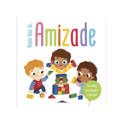 Capa de livro infantil sobre amizade com crianças a brincar com blocos coloridos.