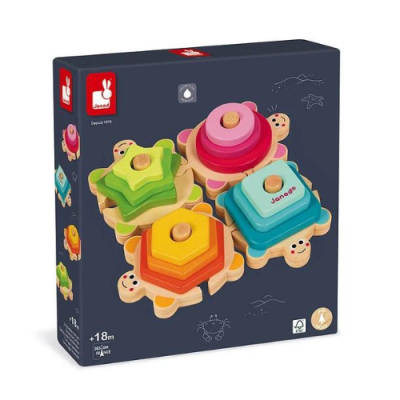 Jogo de empilhar tartarugas em madeira coloridas com embalagem azul-marinho Janod