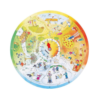 Quebra-cabeça redondo de madeira com ilustrações e relógio analógico ao centro