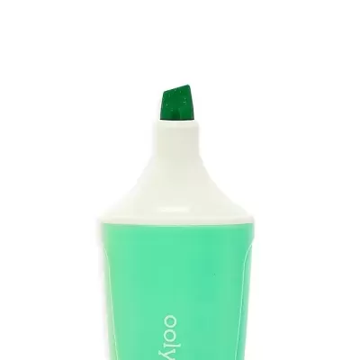 Marcador de texto verde com ponta chanfrada e corpo branco e verde