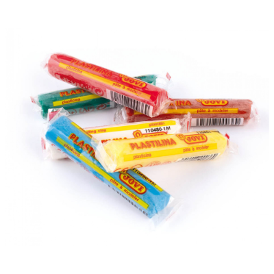 Plastilina Jovi em várias cores embalada em plástico individualmente.