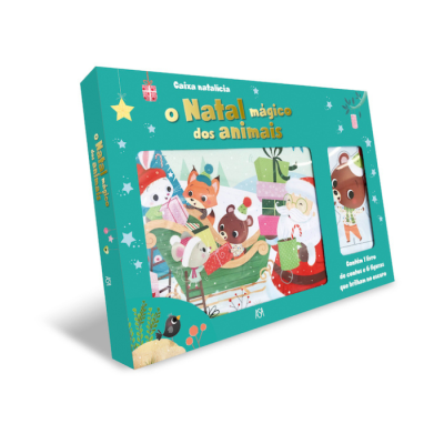 Caixa temática de Natal com animais e Pai Natal, texto visível na embalagem.