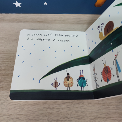 Livro infantil aberto com ilustração de insetos, caracol, gotas de chuva e texto em português