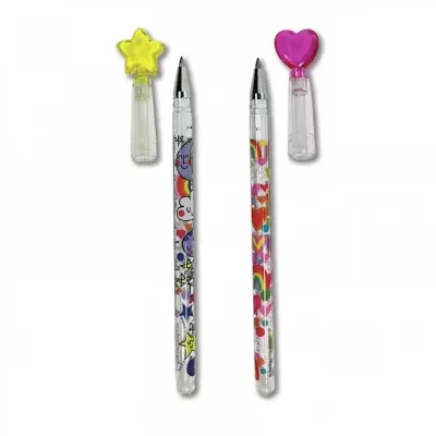 Dois canetas decorativas com capas de estrela e coração coloridas