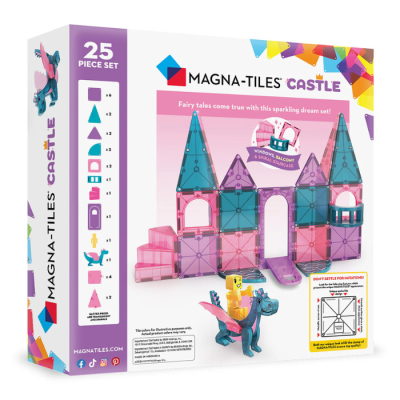 Caixa do conjunto de blocos magnéticos MAGNA-TILES CASTLE com 25 peças coloridas para montar castelo