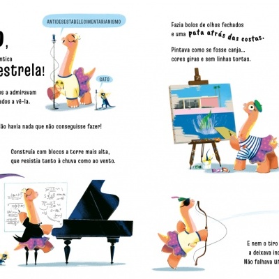 Ilustração colorida de crianças e animais com livros empilhados, uma menina ao piano, outra pintando, com texto em português.