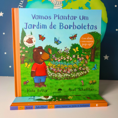 Capa de livro infantil com urso e jardim com borboletas