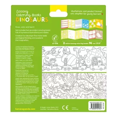 Embalagem de livros para colorir dinossauros com texto em inglês e ilustrações a preto e branco para crianças