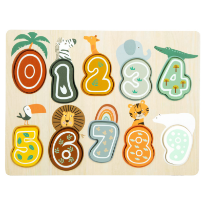 Quebra-cabeça de números de madeira com desenhos de animais e cores variadas