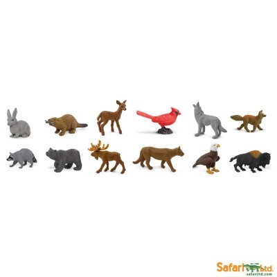 Conjunto de 12 miniaturas de animais de plástico Safari Ltd em linha sobre fundo branco.