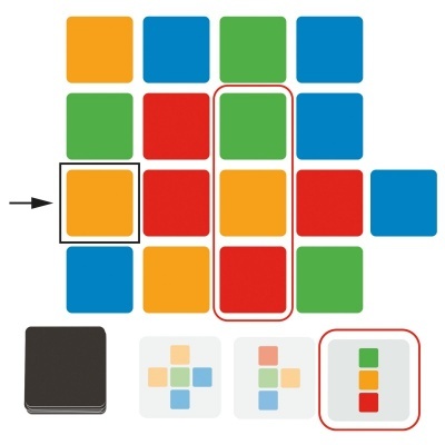 Blocos quadrados coloridos organizados em padrões e com caixas destacadas