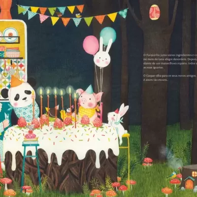 Ilustração de festa infantil ao ar livre com animais sentados à mesa decorada e balões no ar