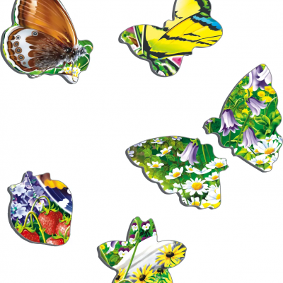 Peças de quebra-cabeça em forma de borboletas com padrões de flores e frutas coloridas.