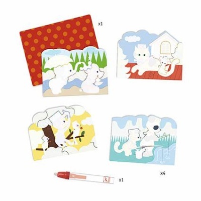 quatro puzzles infantis com ilustrações de animais brancos e caneta vermelha