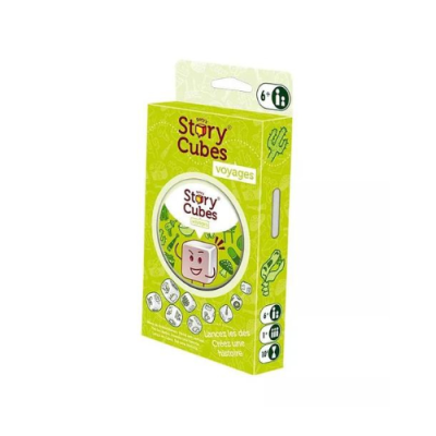 Embalagem verde do jogo Story Cubes Voyages com dados ilustrados