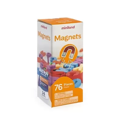 Caixa colorida de brinquedo miniland Magnets com 76 peças