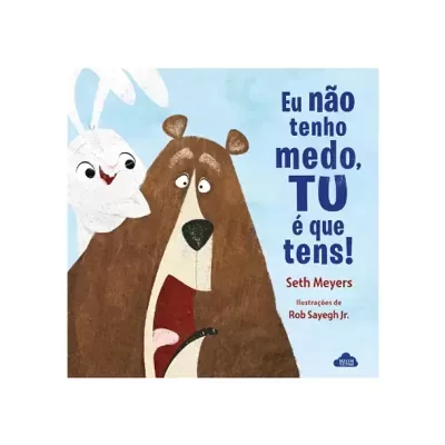 Capa livro infantil com coelho branco e urso castanho assustado, texto em português