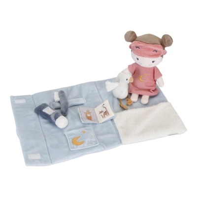 Brinquedos para bebé com manta azul, boneca de pano rosa e pato de peluche branco