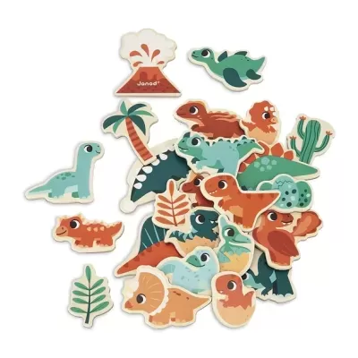 Figuras de dinossauros e elementos naturais em madeira colorida