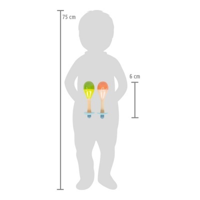 Dois brinquedos de madeira coloridos para crianças com cabeça verde e laranja, com escala de altura ao lado.